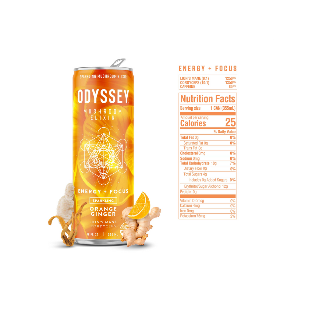 Odyssey Mushroom Elixir w/ 85 mg Caffeine | Orange Ginger 4 pk